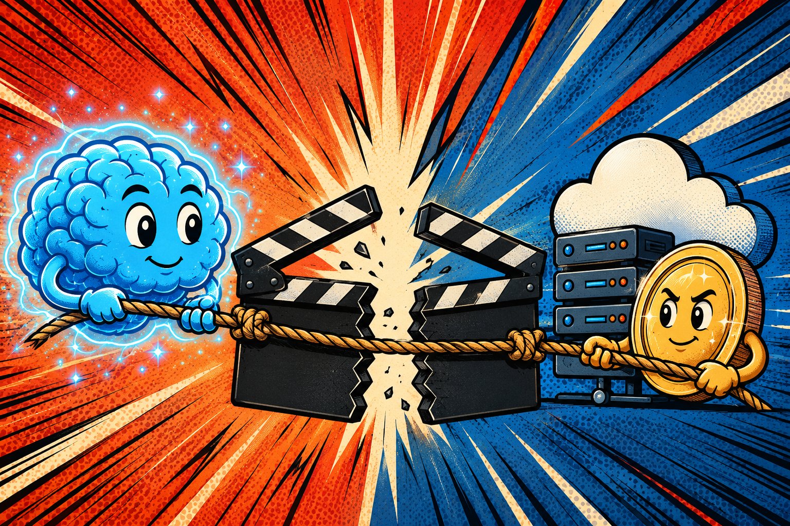 Illustration pop-art : un clap de cinéma brisé tiré entre un cerveau IA et une pièce de monnaie, symbole du conflit d'intérêts Amazon-OpenAI