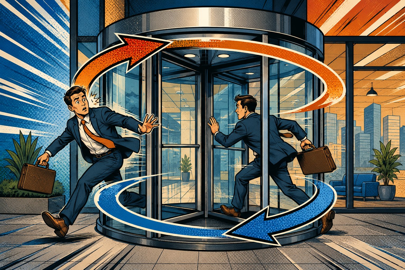 Illustration pop-art : une porte à tambour où un dirigeant est éjecté puis réintégré, évoquant l'éviction et le retour de Sam Altman