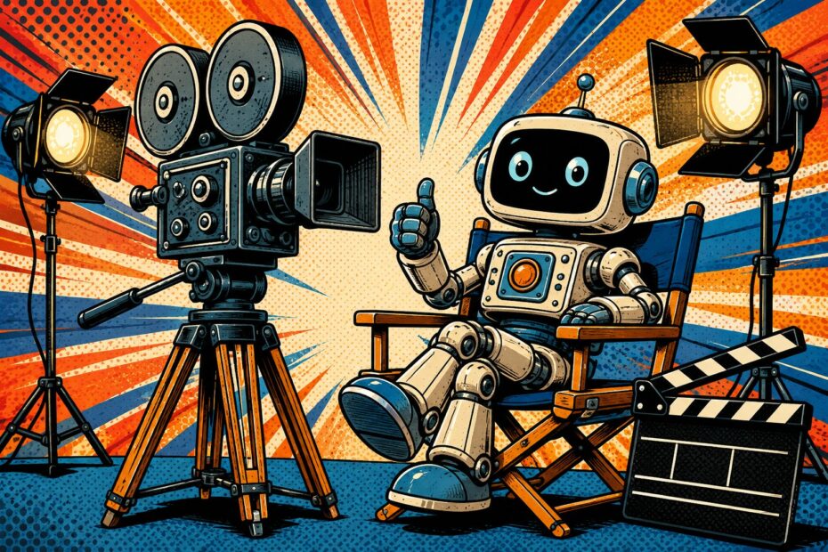 Illustration pop-art : une caméra de cinéma et un robot dans un fauteuil de réalisateur, évoquant le film Artificial sur OpenAI