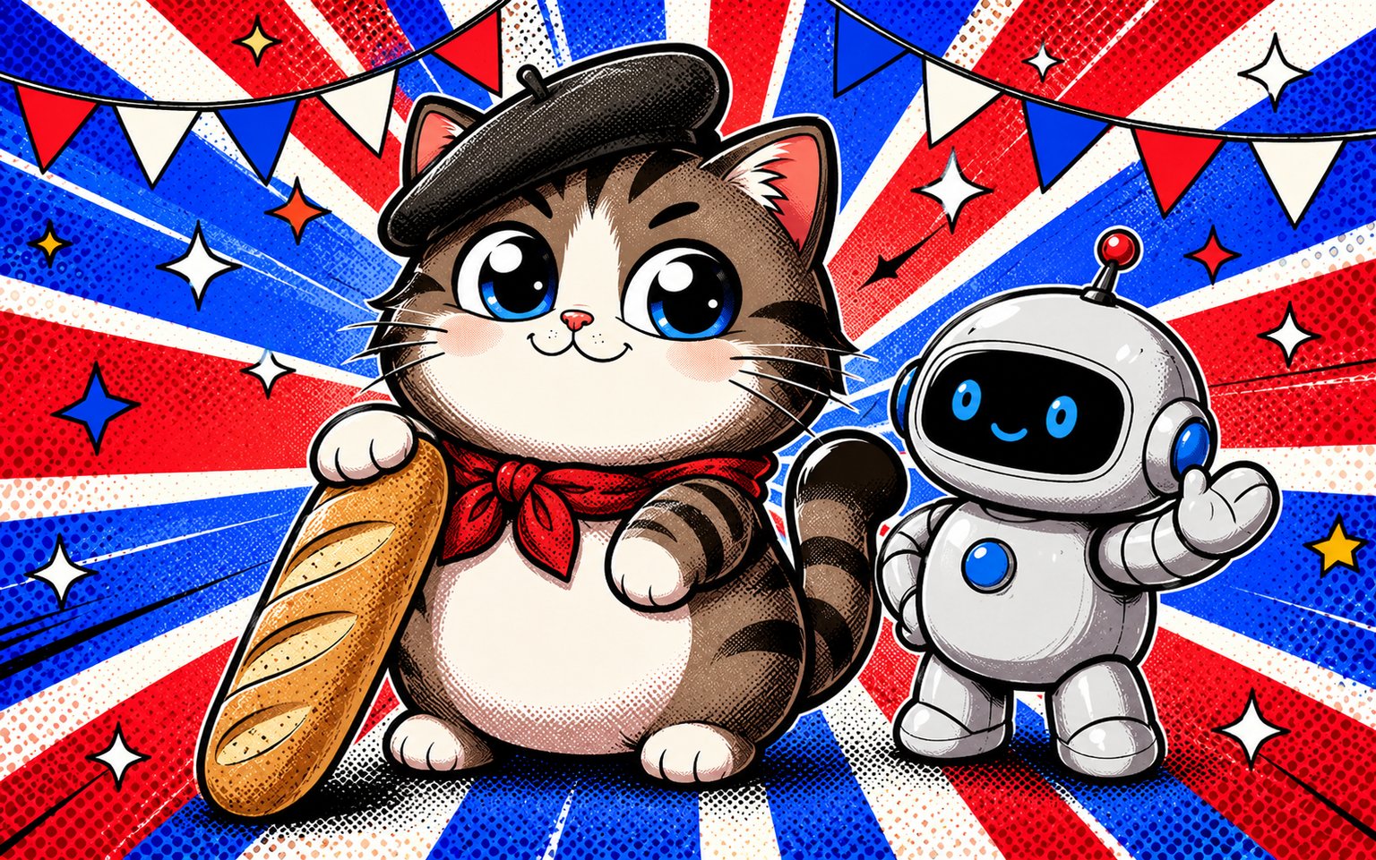 Le Chaton Fat et la souverainete IA francaise : chaton a beret et baguette aux cotes d'un robot, illustration pop-art