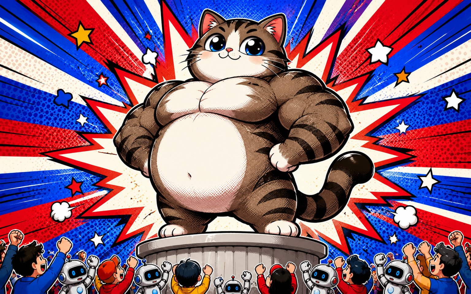 Faux benchmarks du Chaton Fat : un chaton géant musclé sur un piédestal acclamé par la foule, illustration pop-art