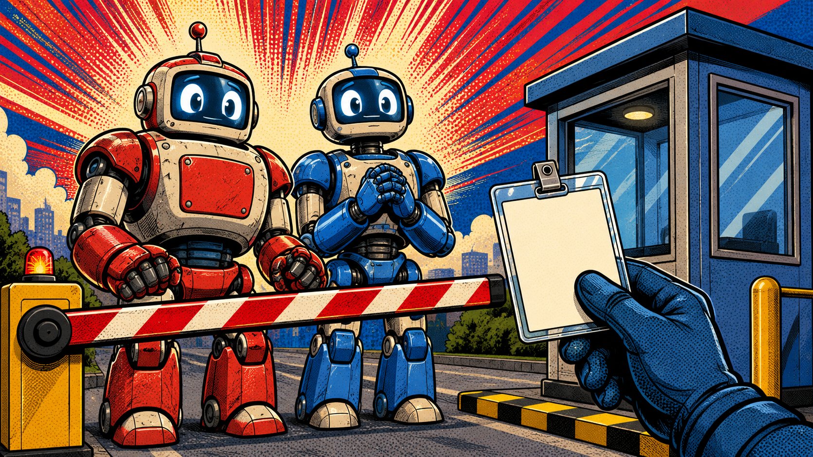 Robots IA retenus a un poste de controle avec verification d'identite