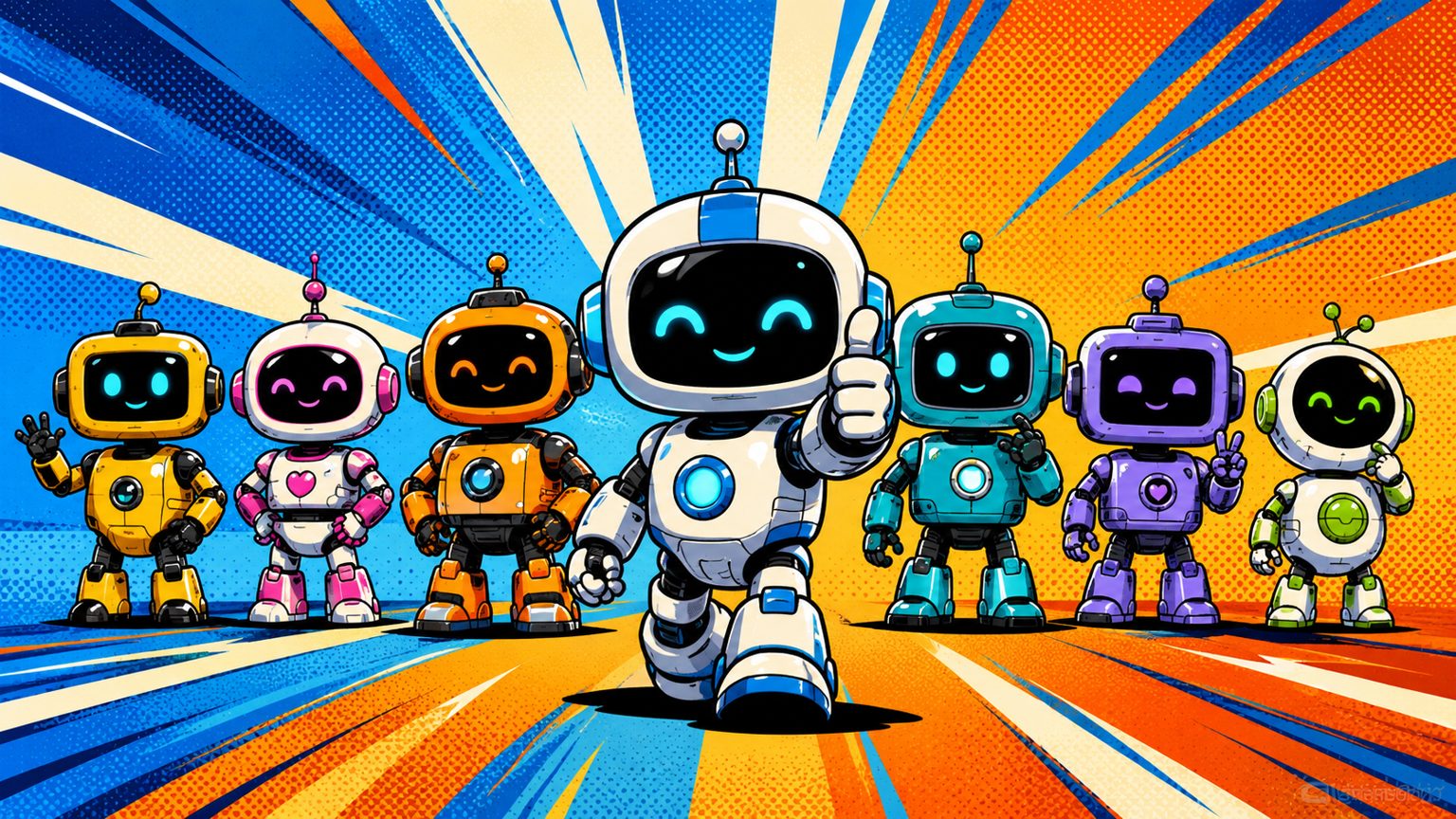 Rangée de robots assistants IA, illustration pop-art représentant les alternatives à Claude Fable 5