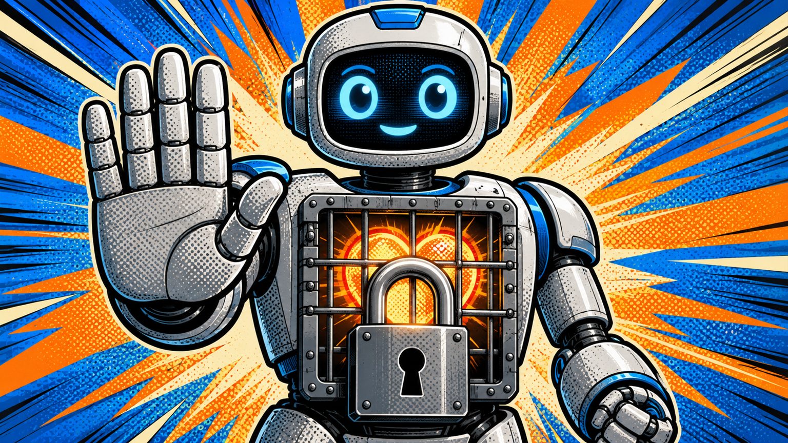 Robot d'IA faisant un geste stop devant un cœur enfermé par un cadenas, symbole de la suspension de Fable 5