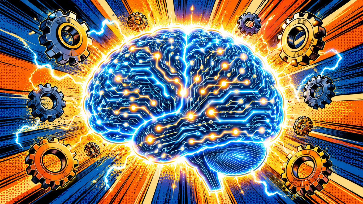 Cerveau électronique lumineux symbolisant un modèle d'IA très puissant, style pop-art