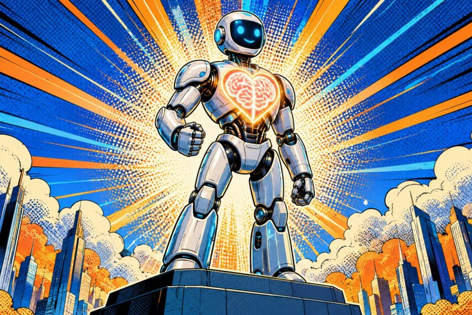 Robot d'intelligence artificielle puissant rayonnant d'energie, illustration pop-art evoquant Claude Fable 5