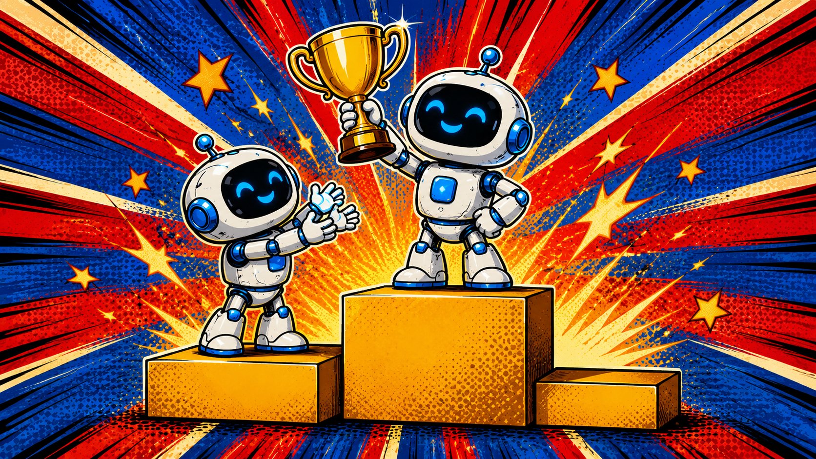 Illustration pop-art : deux robots sur un podium, GLM-5.2 juste derrière le leader, style bande dessinée