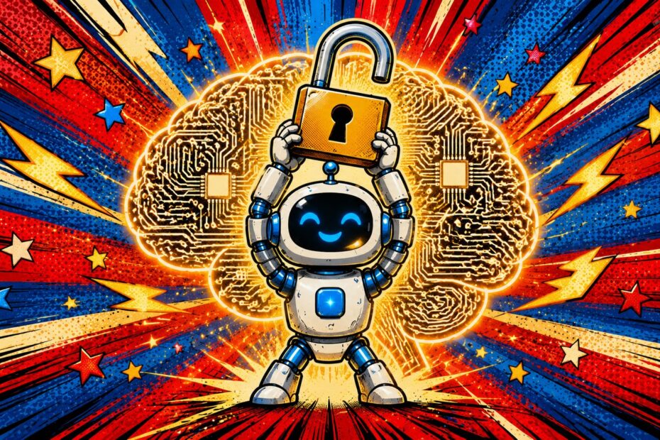 GLM-5.2 : robot IA brandissant un cadenas ouvert, style pop-art, symbole d'IA open source