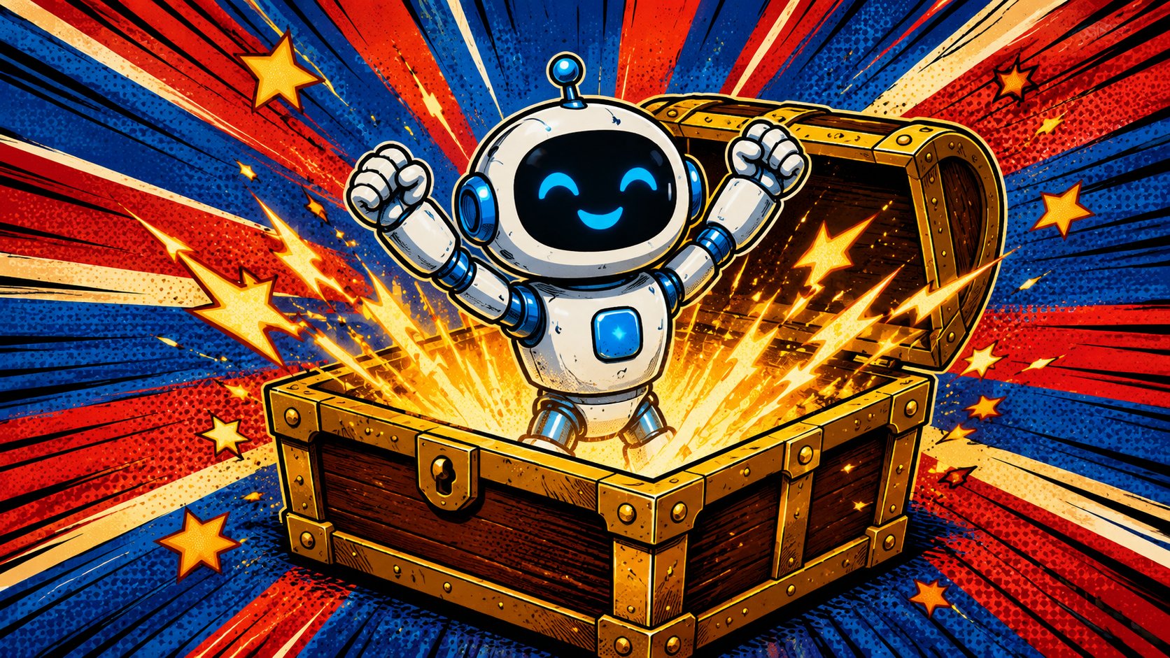 Illustration pop-art : un robot sympathique surgit d'un coffre ouvert symbolisant l'IA open source GLM-5.2 gratuite