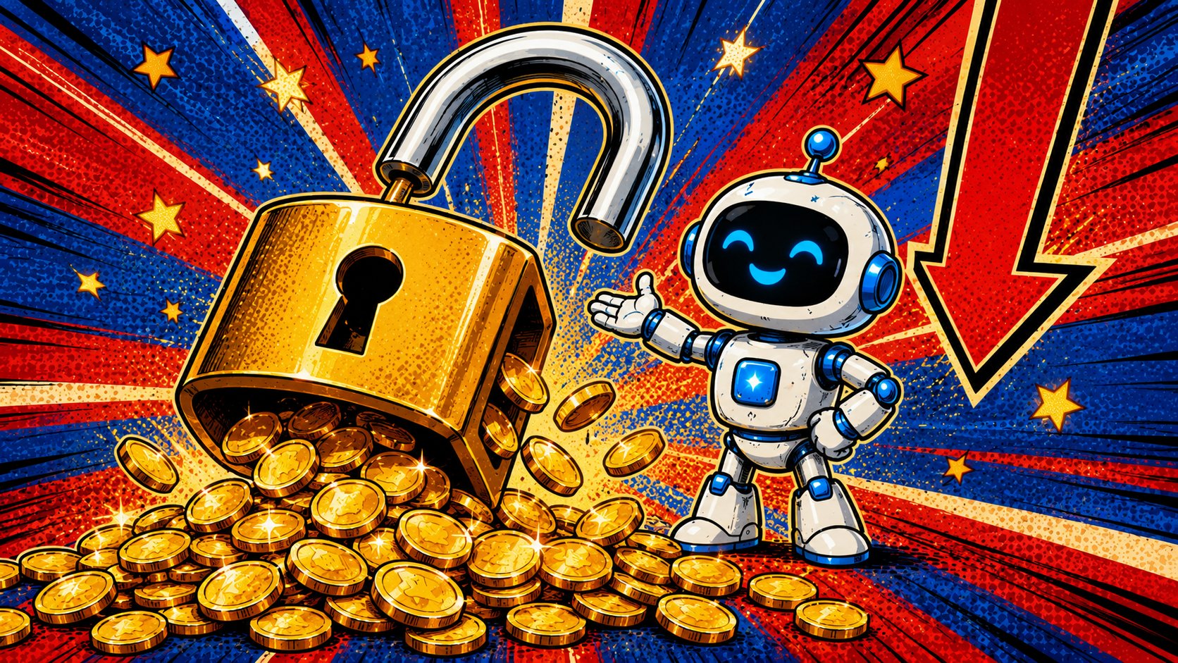Illustration pop-art : cadenas ouvert, pièces et étiquette de prix en baisse, symbolisant une IA libre et bon marché
