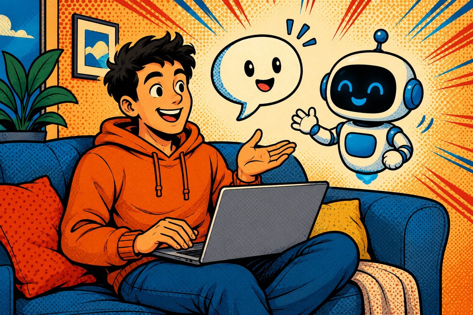 Illustration pop-art d'une personne détendue sur un canapé discutant avec un petit robot IA amical, symbole de l'IA accessible au grand public