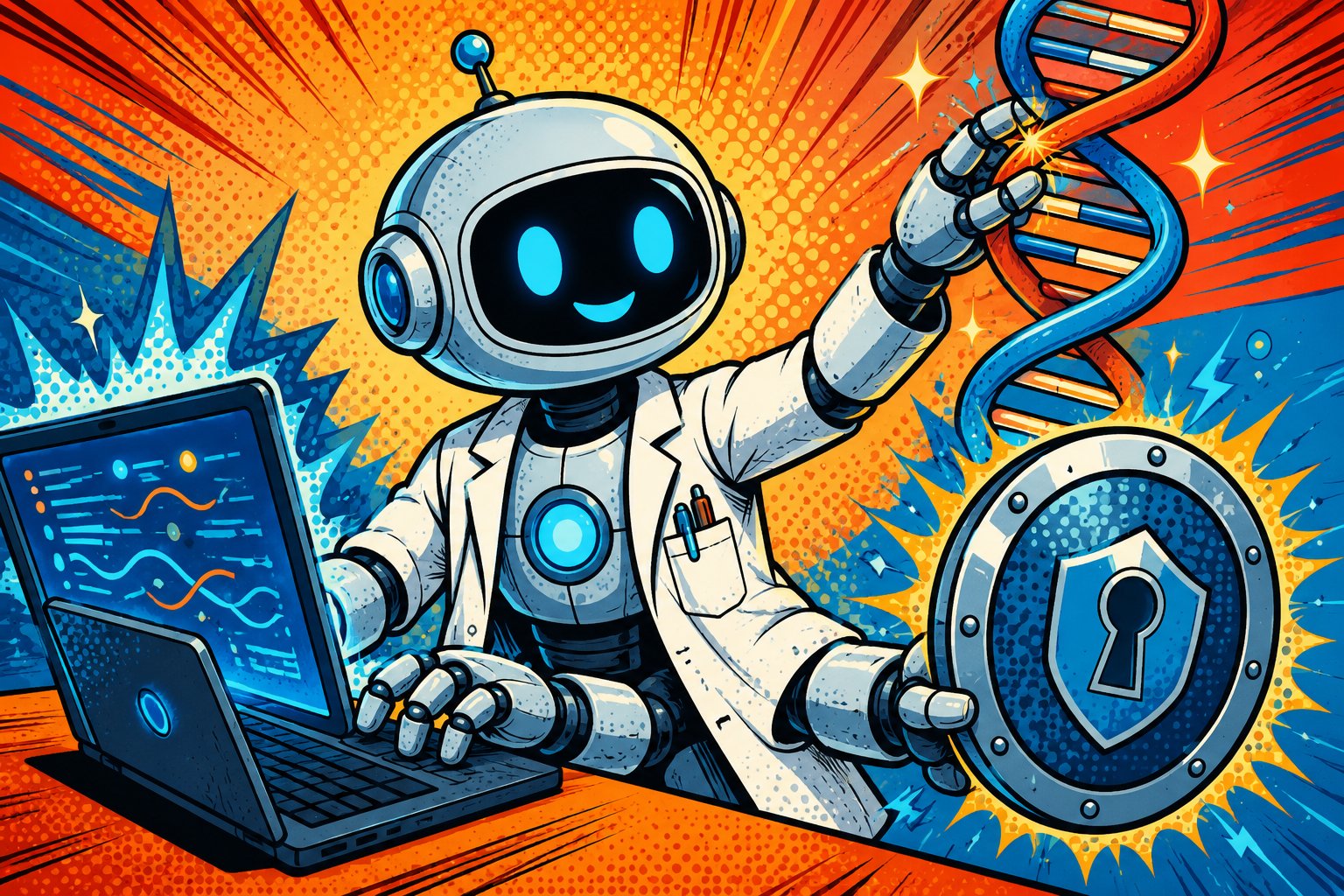 Illustration pop-art d'un robot en blouse blanche codant sur un ordinateur, avec ADN et bouclier, évoquant les progrès de GPT-5.6 en programmation, biologie et cybersécurité