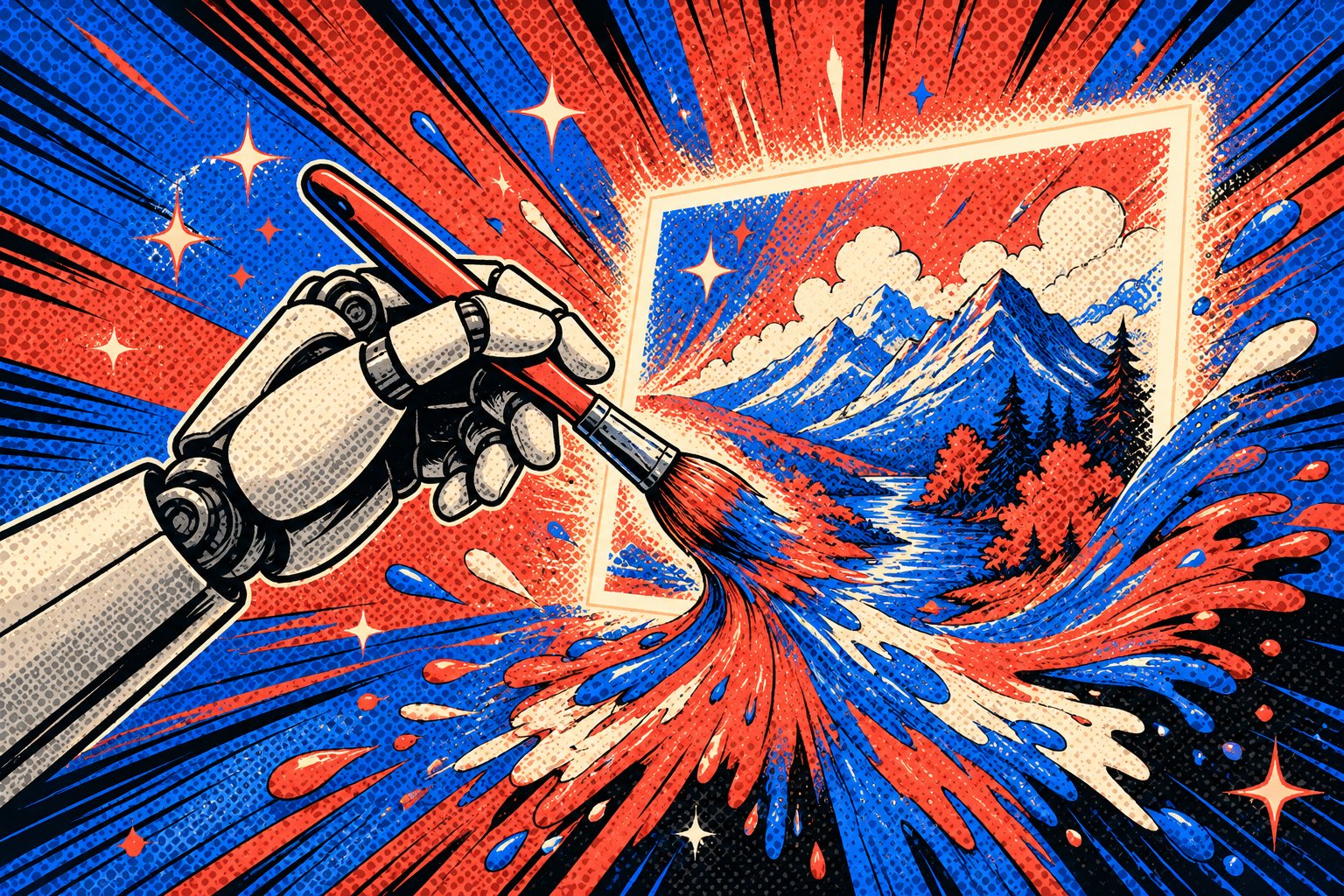 Génération d'images par IA : un bras robotisé peint un paysage coloré, illustration pop-art