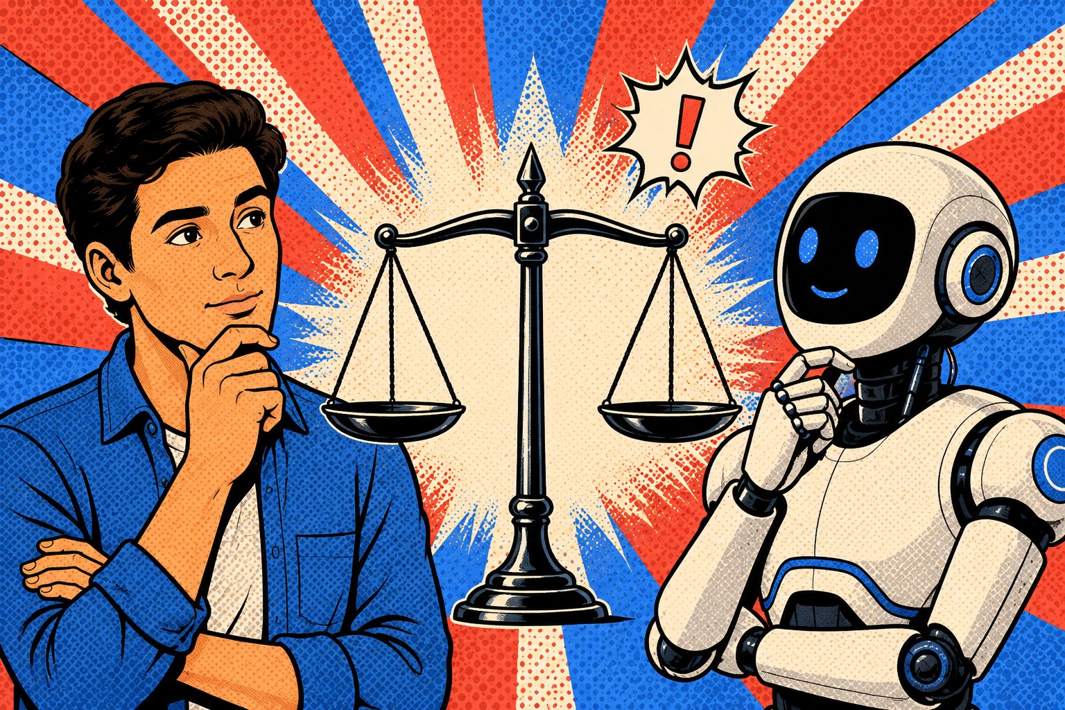 Éthique et prudence face à l'IA : une personne réfléchit devant une balance et un robot, illustration pop-art