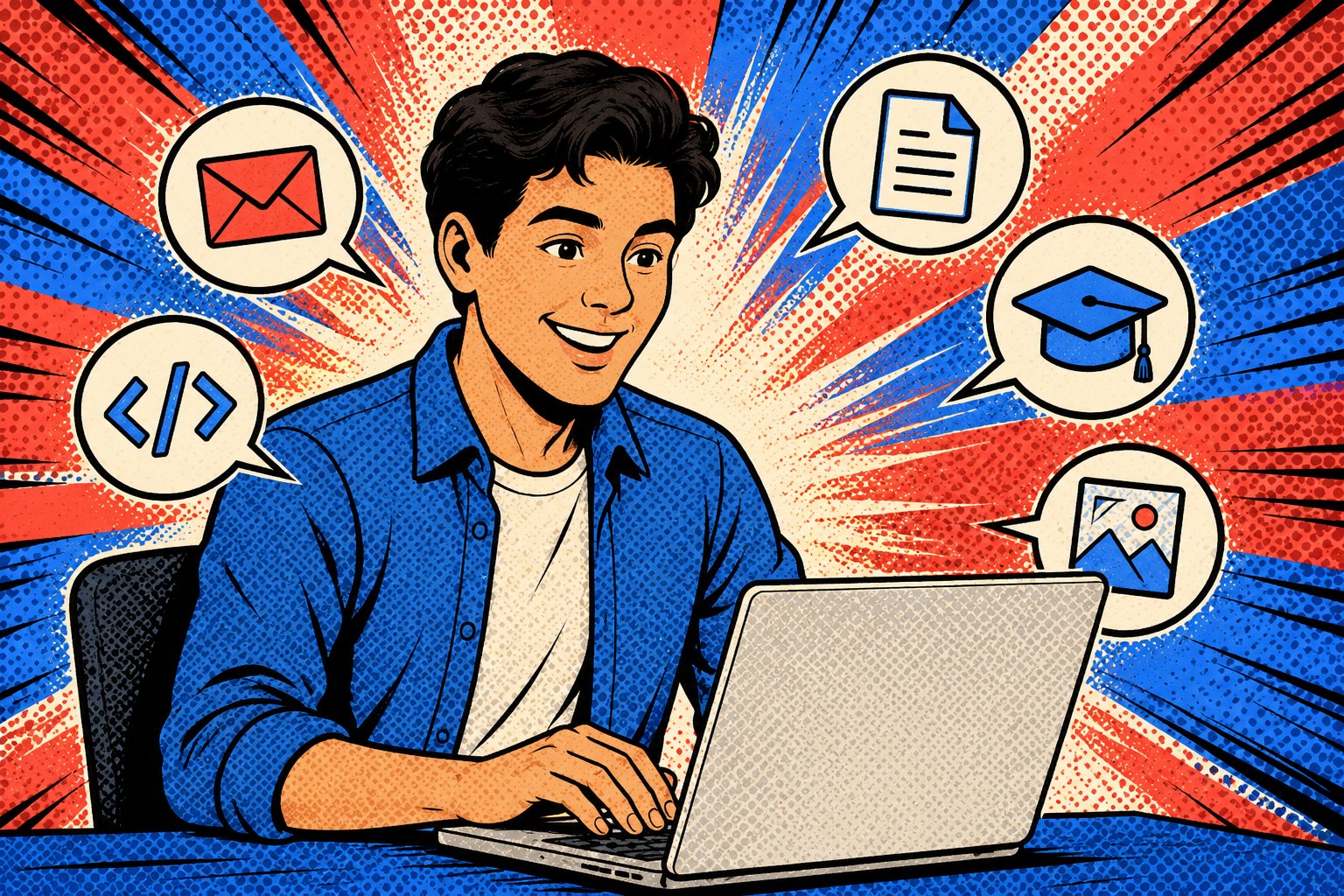 Personne utilisant l'IA au quotidien pour ses e-mails, ses études et son code, illustration pop-art