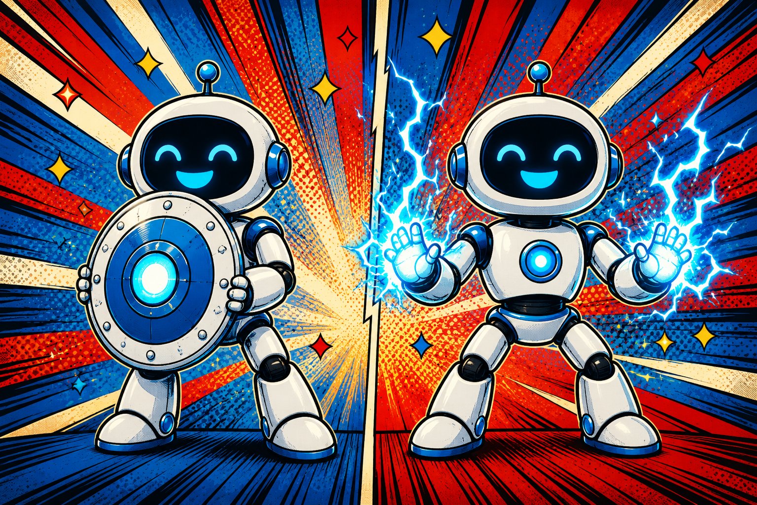 Illustration pop-art : deux robots IA jumeaux, l'un tenant un bouclier, symbolisant Fable 5 et Mythos 5, le même modèle avec des garde-fous différents