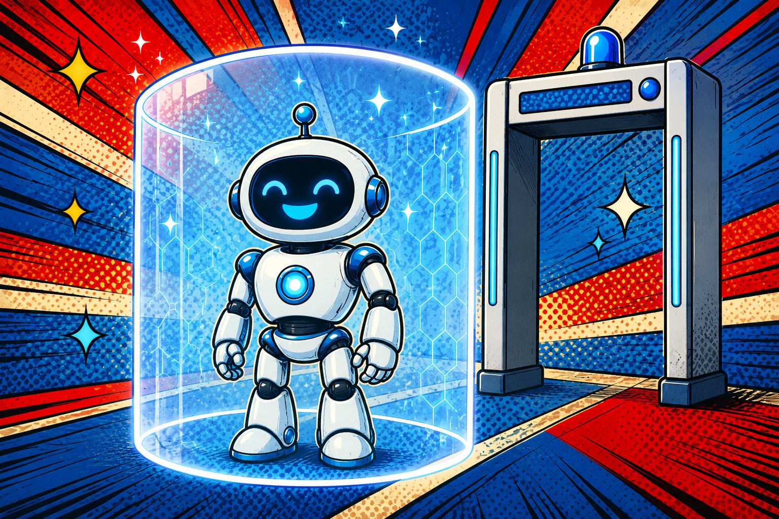 Illustration pop-art : un robot IA souriant derrière un bouclier et un filtre de sécurité, symbolisant les nouveaux garde-fous de Fable 5