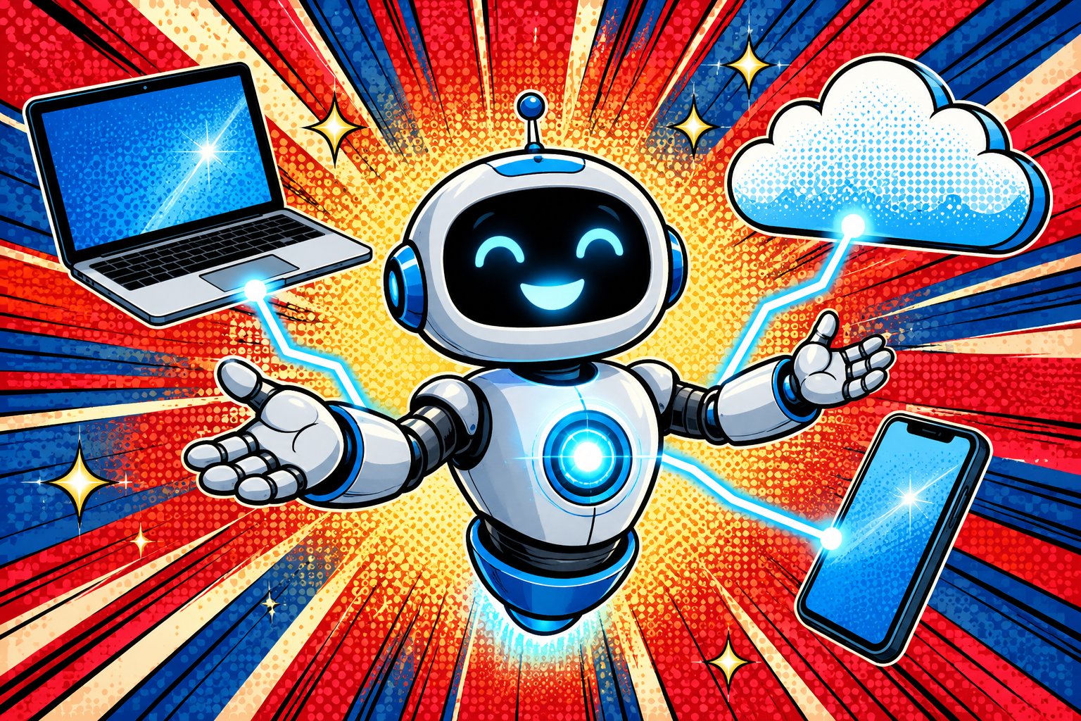 Illustration pop-art : un robot IA amical connecté à plusieurs écrans et appareils, symbolisant l'accès à Fable 5 sur les plateformes Claude