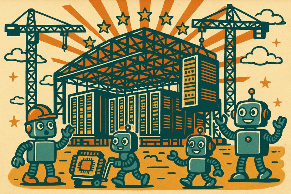 Illustration pop art : robots batissant une usine geante d'intelligence artificielle en Europe