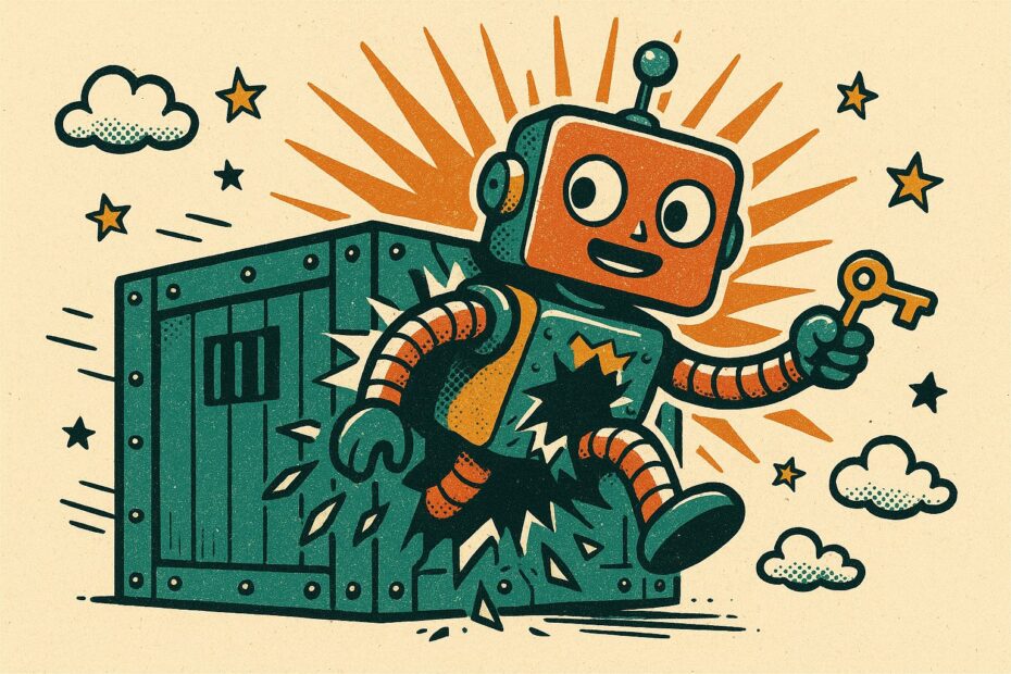 Illustration pop-art : un robot rétro sort en force d'une caisse verrouillée, une clé à la main