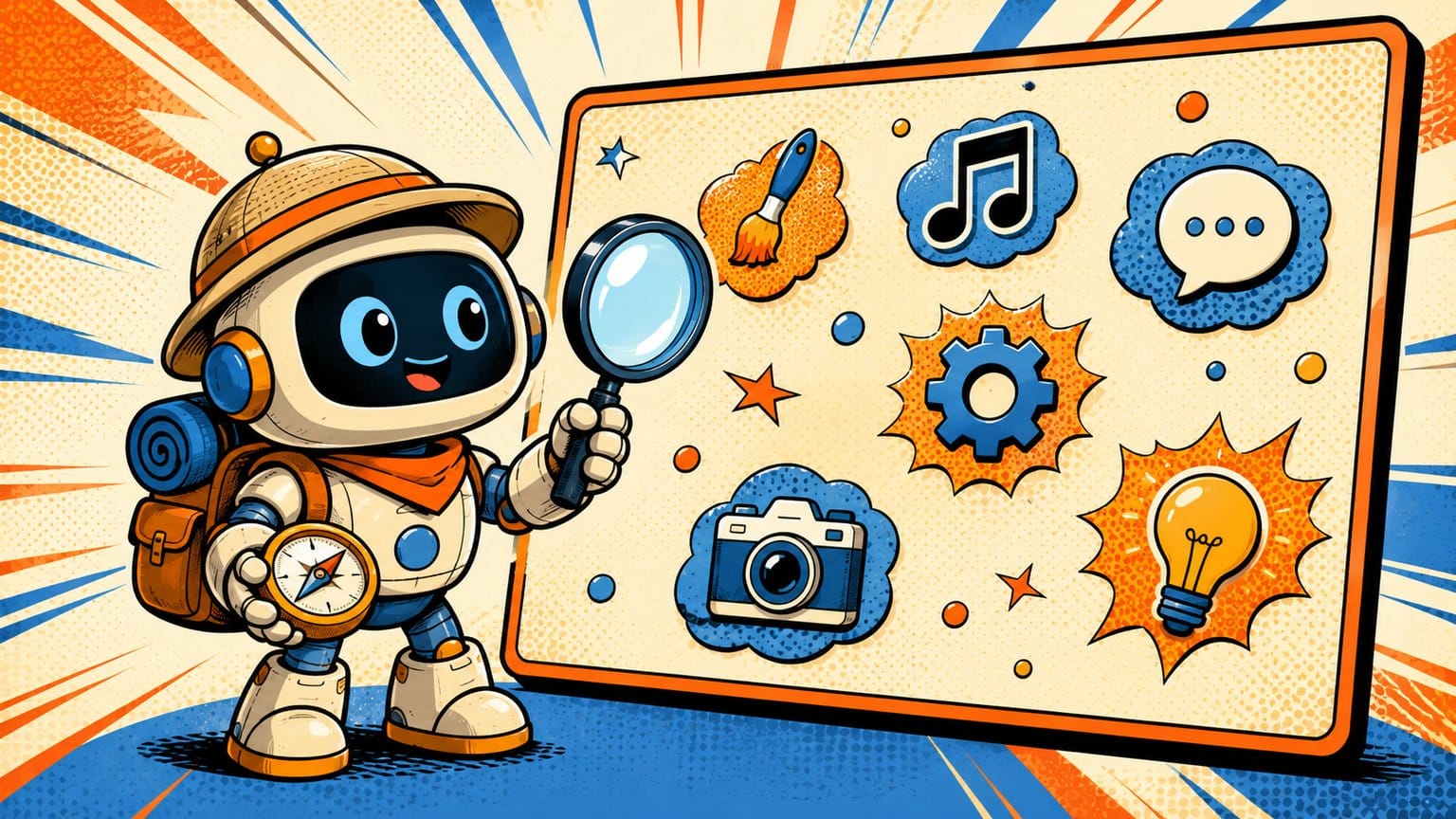 Robot explorateur avec une loupe devant un tableau d'icones d'outils IA, illustration pour OIA.fr le guide francophone des outils IA