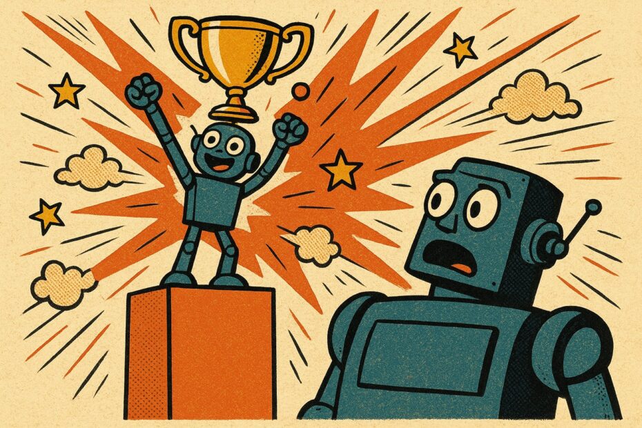 Illustration pop-art : un petit robot brandit un trophee sur un podium devant un robot bien plus grand, stupefait