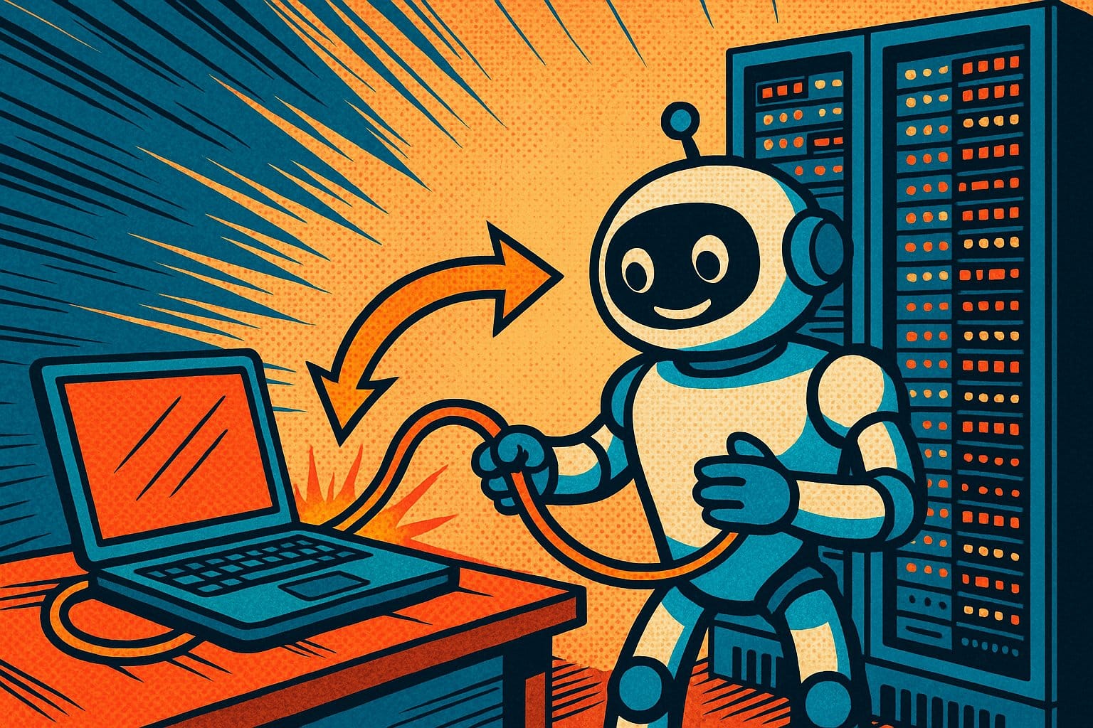 Illustration pop-art d'un robot reliant un ordinateur portable à un grand cluster de serveurs, style bande dessinée halftone