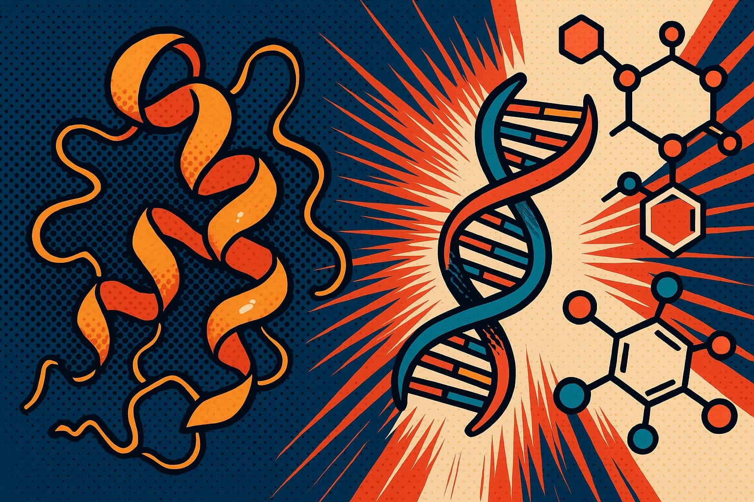 Illustration pop-art d'une protéine 3D, d'une double hélice d'ADN et de molécules chimiques stylisées, style bande dessinée halftone
