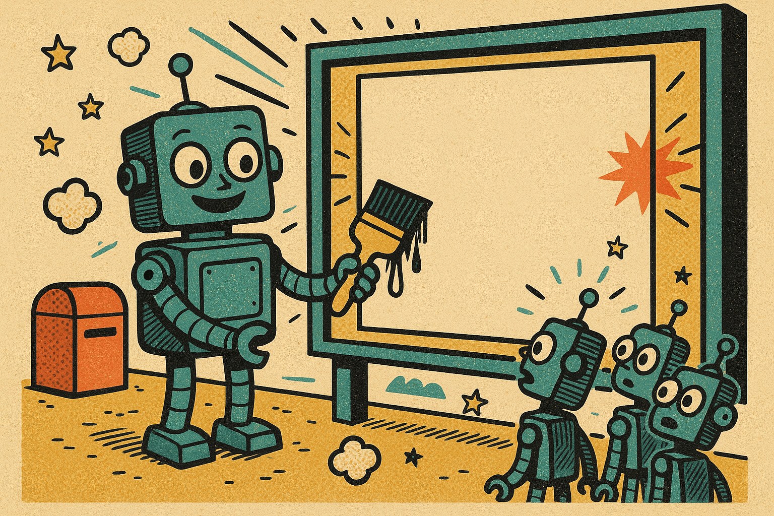 Illustration pop-art : un robot colle une feuille blanche sur un panneau d'affichage public en ignorant la boite aux lettres a cote
