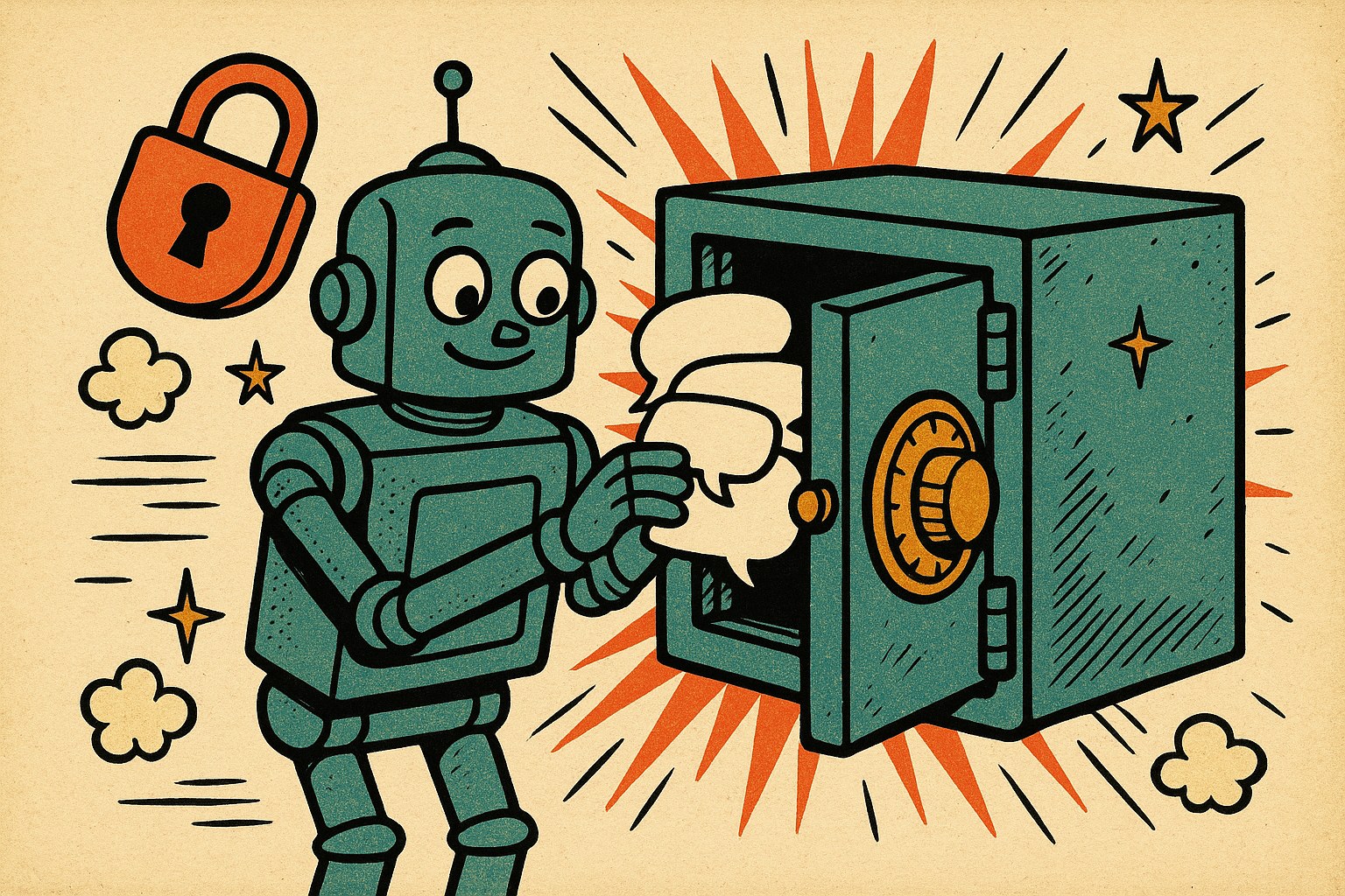 Illustration pop-art : un robot range des bulles de conversation dans un coffre-fort ferme par un cadenas