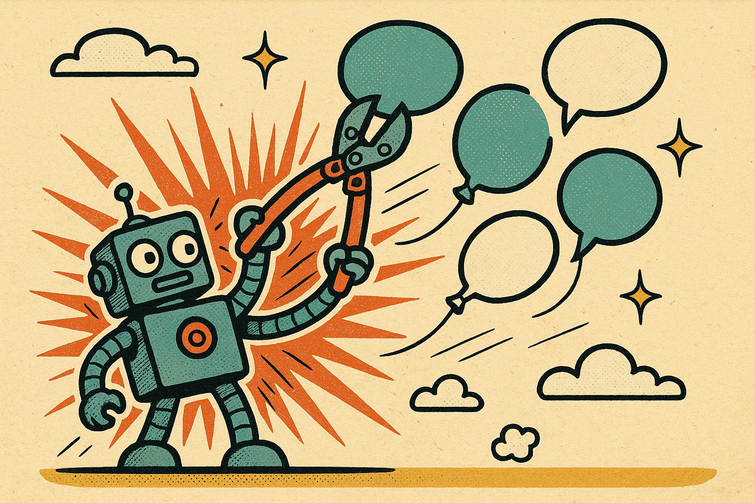 Illustration pop-art : un robot coupe avec une pince les ficelles de ballons en forme de bulles de conversation