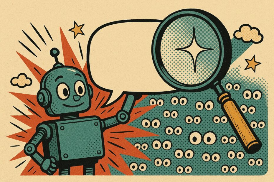 Illustration pop-art : un robot brandit une bulle de conversation vide qu'une loupe geante scrute devant une foule d'yeux