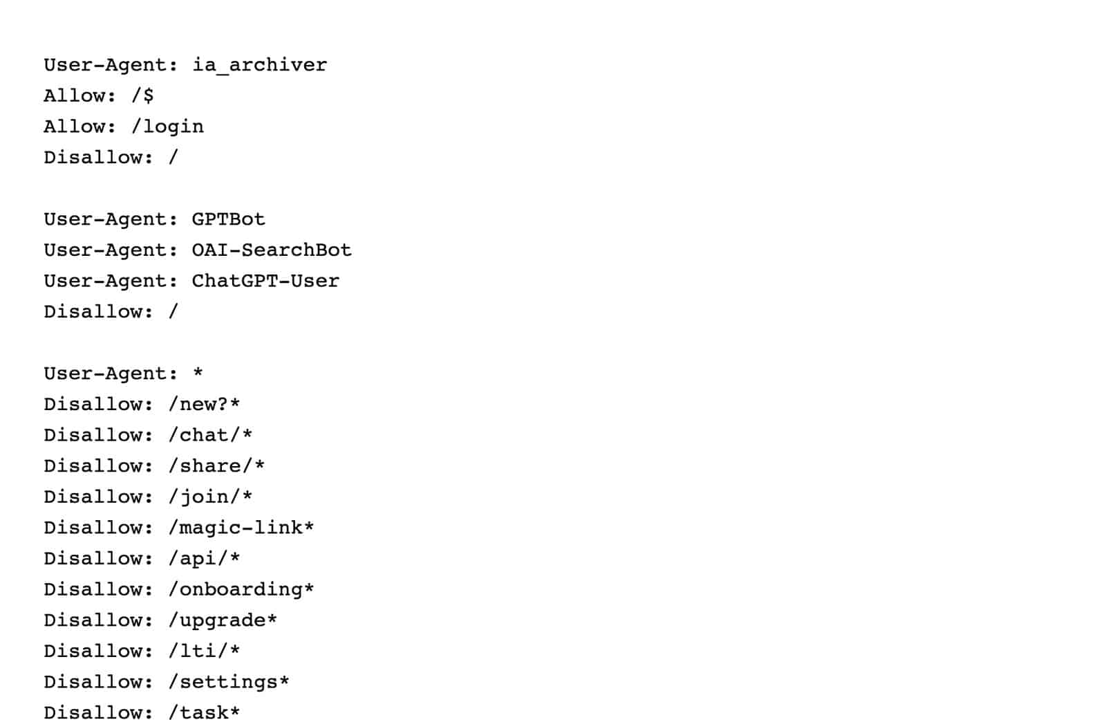 Capture d'ecran du fichier robots.txt de claude.ai montrant la ligne Disallow slash share