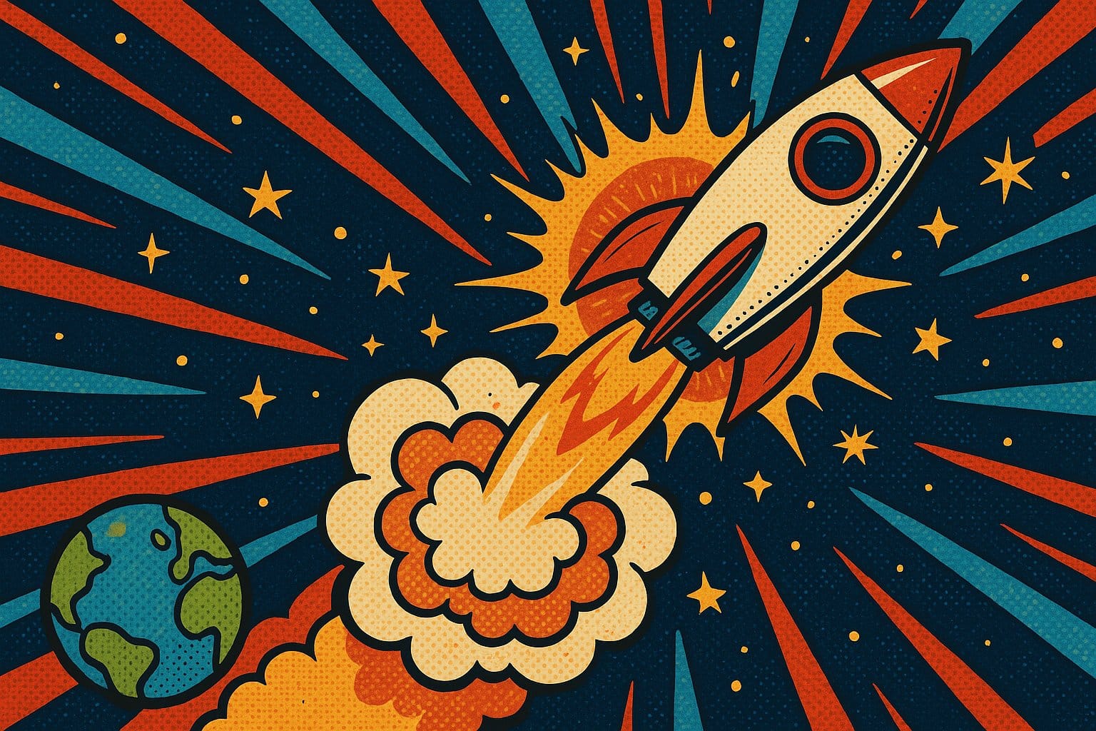 Illustration pop-art d'une fusée décollant vers l'espace, symbole du lancement mondial de GPT-5.6 le 9 juillet 2026