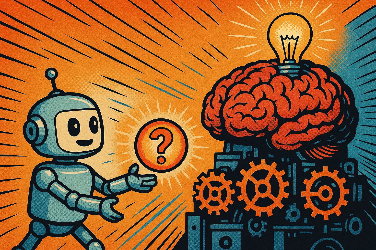 Petit robot passant une question a un grand cerveau-machine avec des rouages, style pop-art, delegation du raisonnement a GPT-5.5