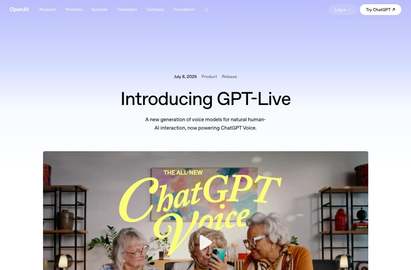 Capture d'écran de la page Introducing GPT-Live sur openai.com, datée du 8 juillet 2026, présentant les nouveaux modèles vocaux de ChatGPT Voice
