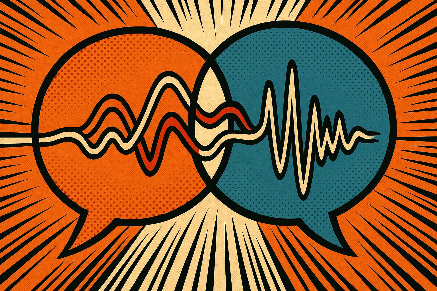 Deux bulles de dialogue pop-art qui se chevauchent avec des ondes sonores, illustrant l'architecture full-duplex de GPT-Live