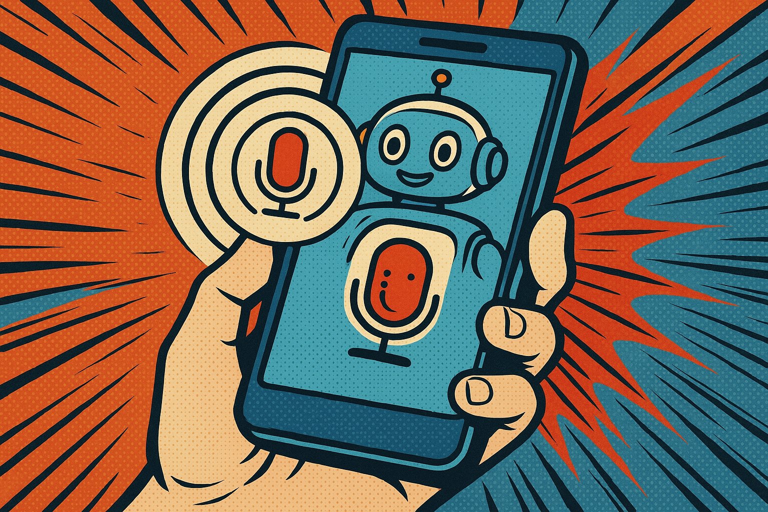 Main tenant un smartphone avec un micro et un robot souriant, style pop-art, pour activer la voix GPT-Live de ChatGPT