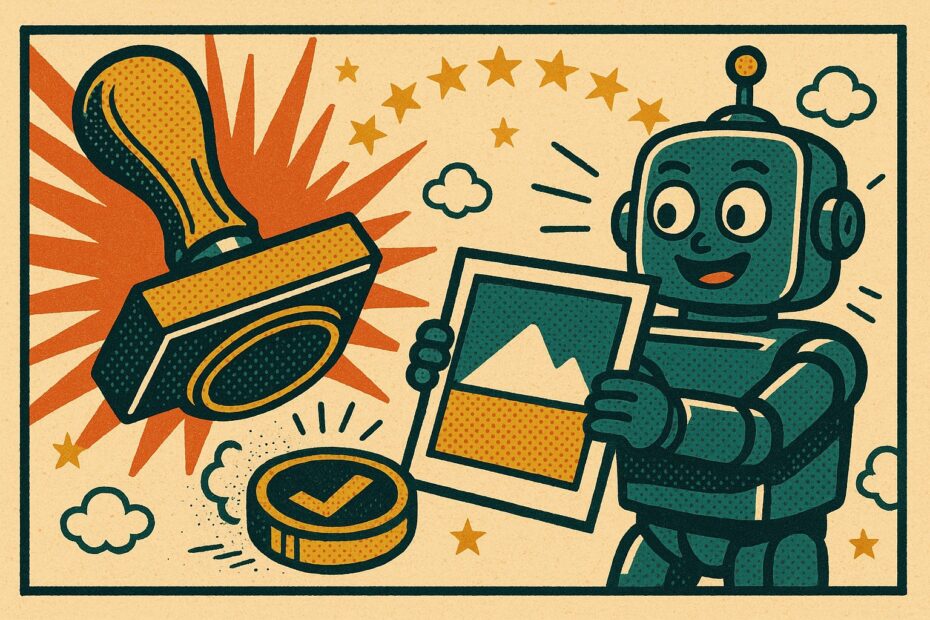Illustration pop-art : un robot presente une image pendant qu un grand tampon y appose un sceau, sous un arc d etoiles europeennes