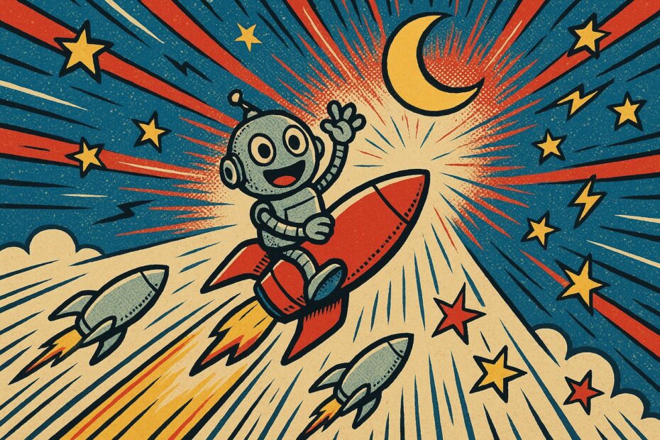 Illustration pop-art d'un robot sur une fusee depassant deux rivaux vers la lune, symbole de Kimi K3 de Moonshot AI