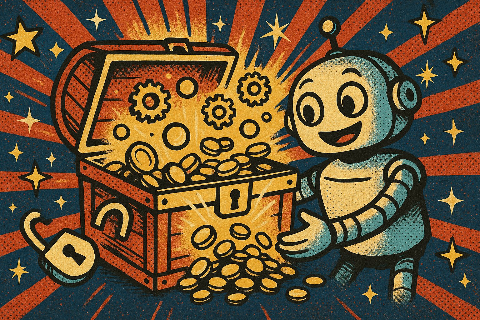 Illustration pop-art : un robot ouvre un coffre au trésor lumineux d'où s'échappent des engrenages et des pièces, symbole des poids ouverts et gratuits