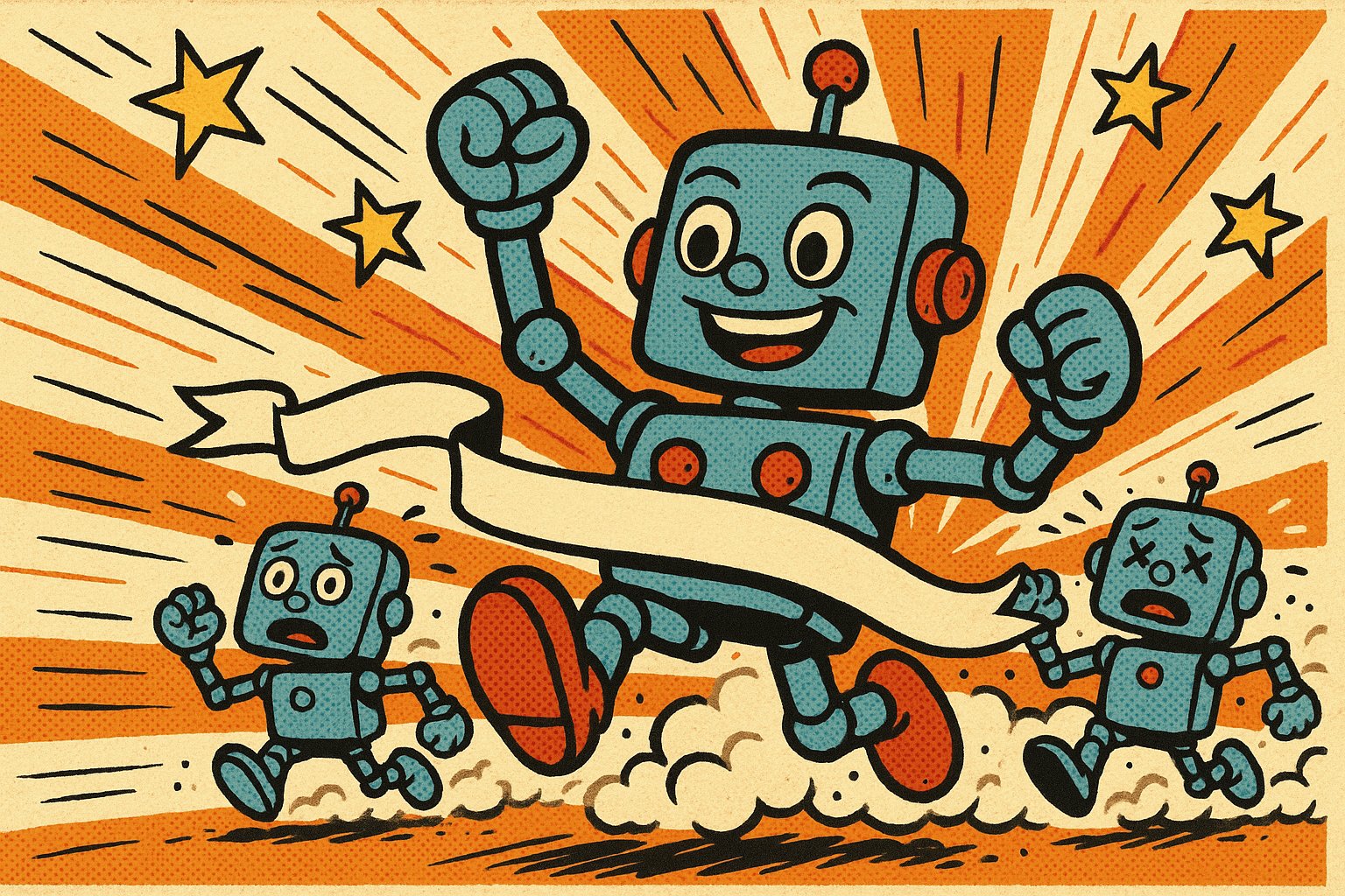 Illustration pop-art : un robot Kimi K3 franchit une ligne d'arrivée devant deux robots concurrents essoufflés