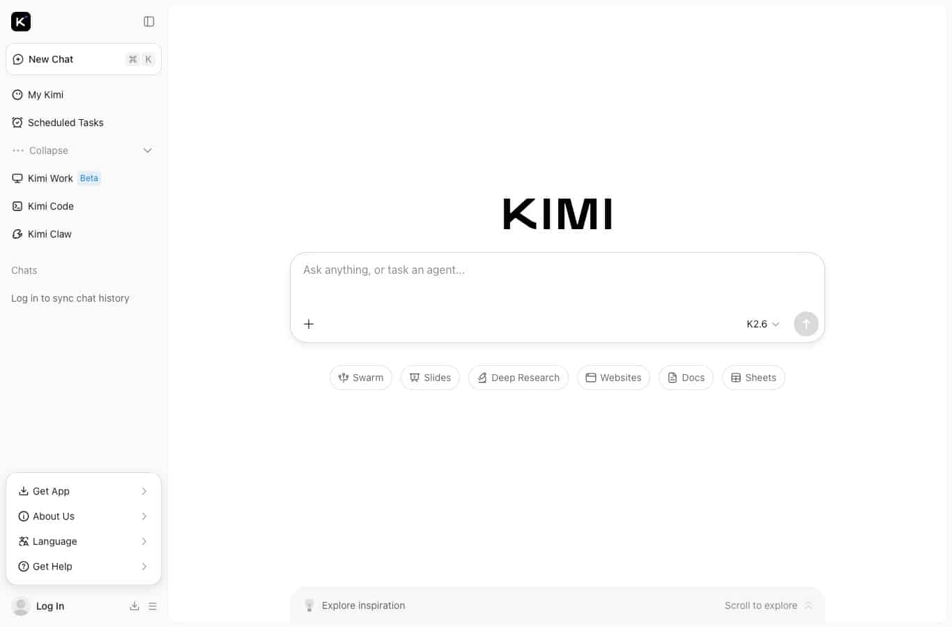 Interface du chat Kimi sur le site kimi.com avec le sélecteur de modèle et les outils Deep Research, Slides et Docs