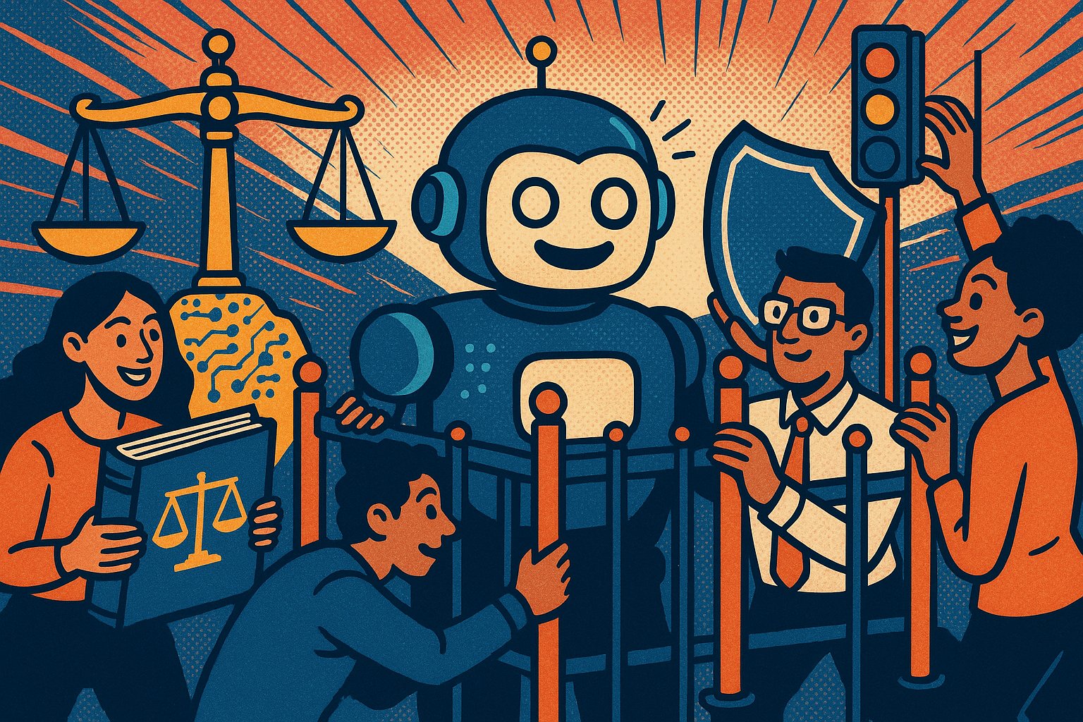 Illustration pop-art de la mise en place de garde-fous et de regles communes autour de l'intelligence artificielle