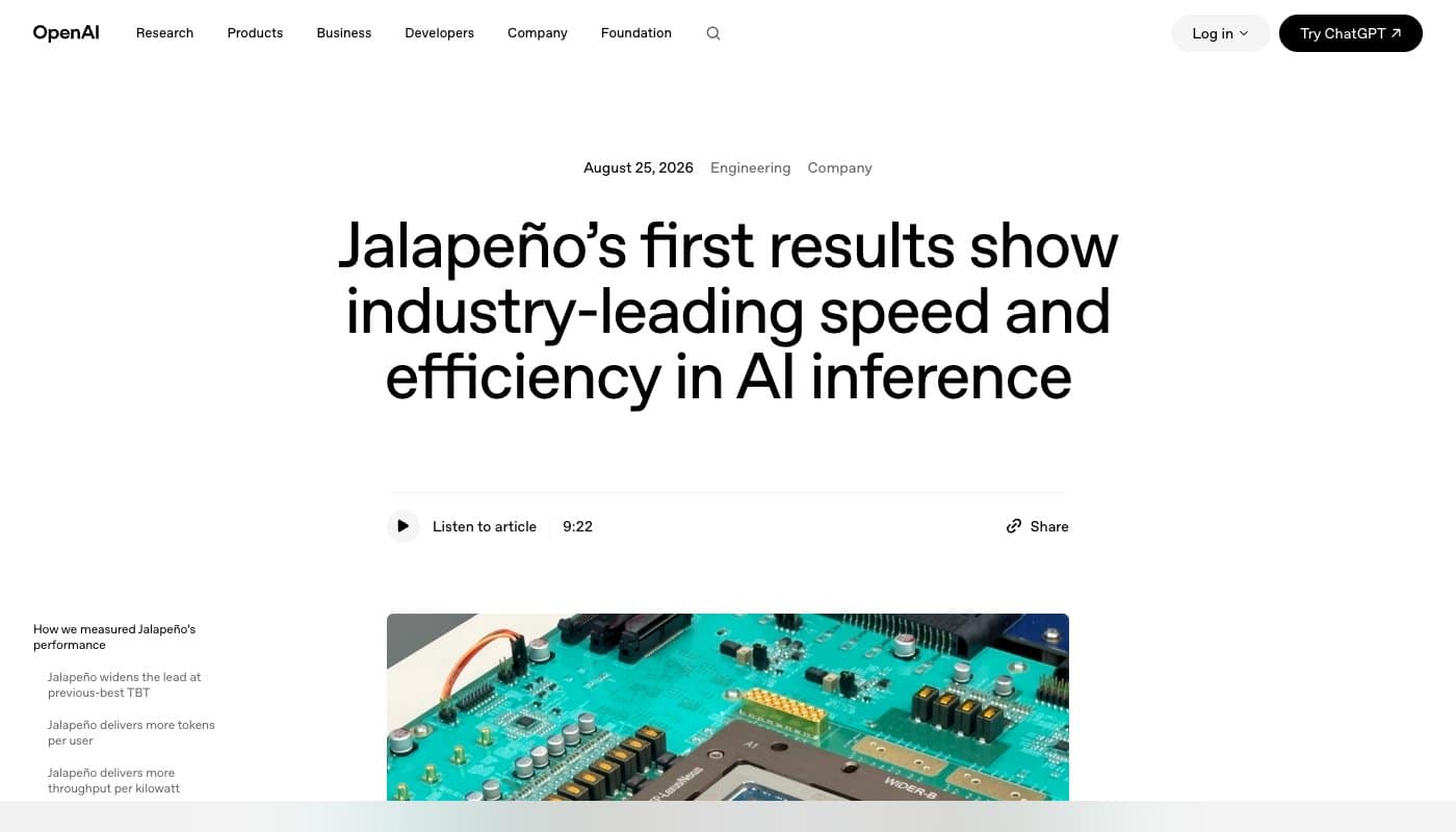 Capture de la page OpenAI du 25 août 2026 annonçant les premiers résultats de la puce Jalapeño