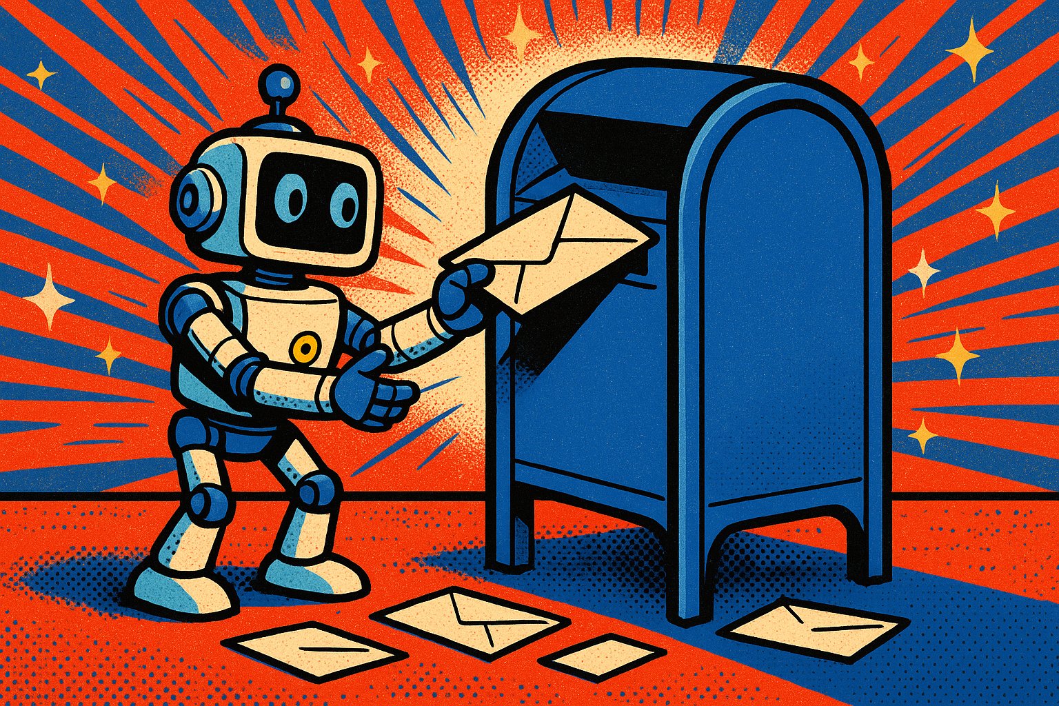 Illustration pop-art : un robot rétro glisse une enveloppe dans une grande boîte aux lettres bleue, style BD rouge et bleu