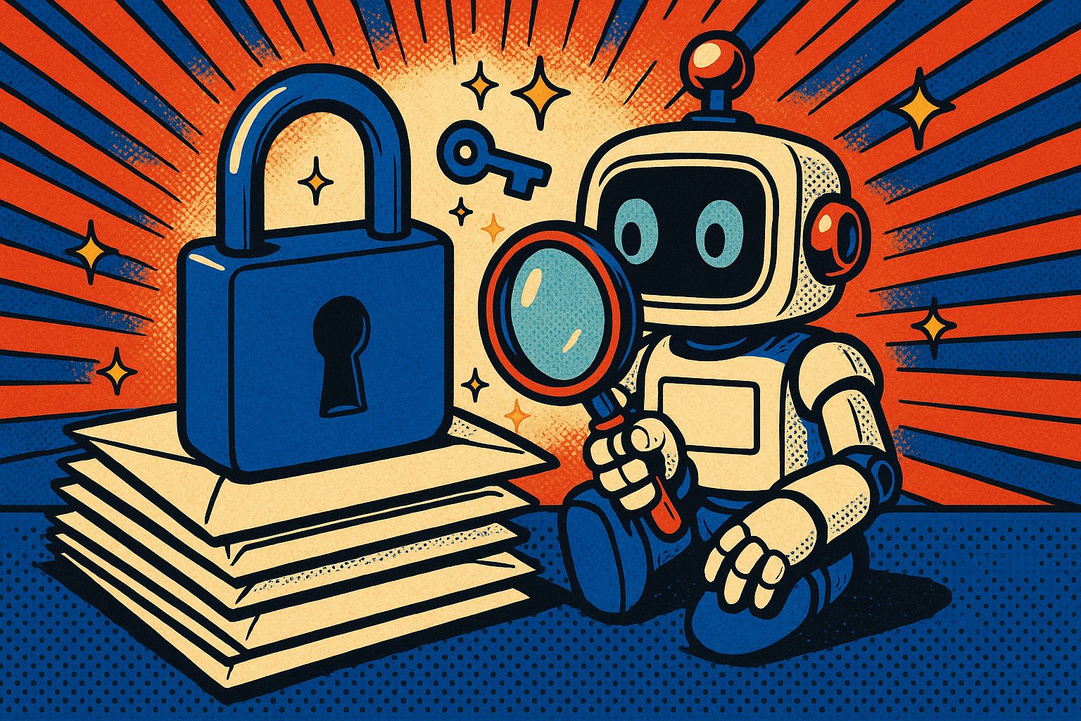 Illustration pop-art : un robot rétro examine avec une loupe un grand cadenas bleu posé sur des enveloppes, style BD rouge et bleu