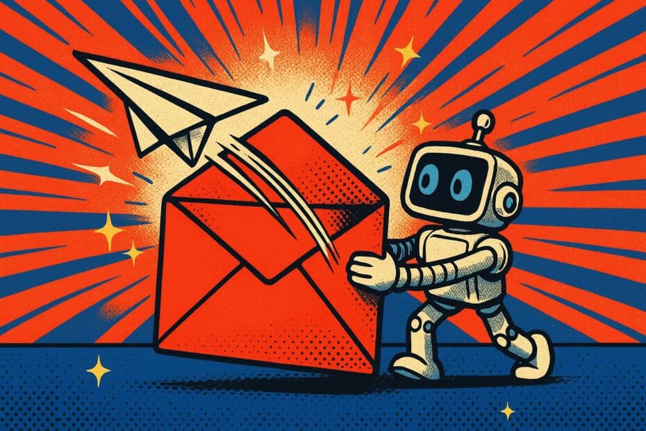 Illustration pop-art : un robot rétro pousse une grande enveloppe rouge d'où s'envole un avion en papier, rayons rouge et bleu, style BD