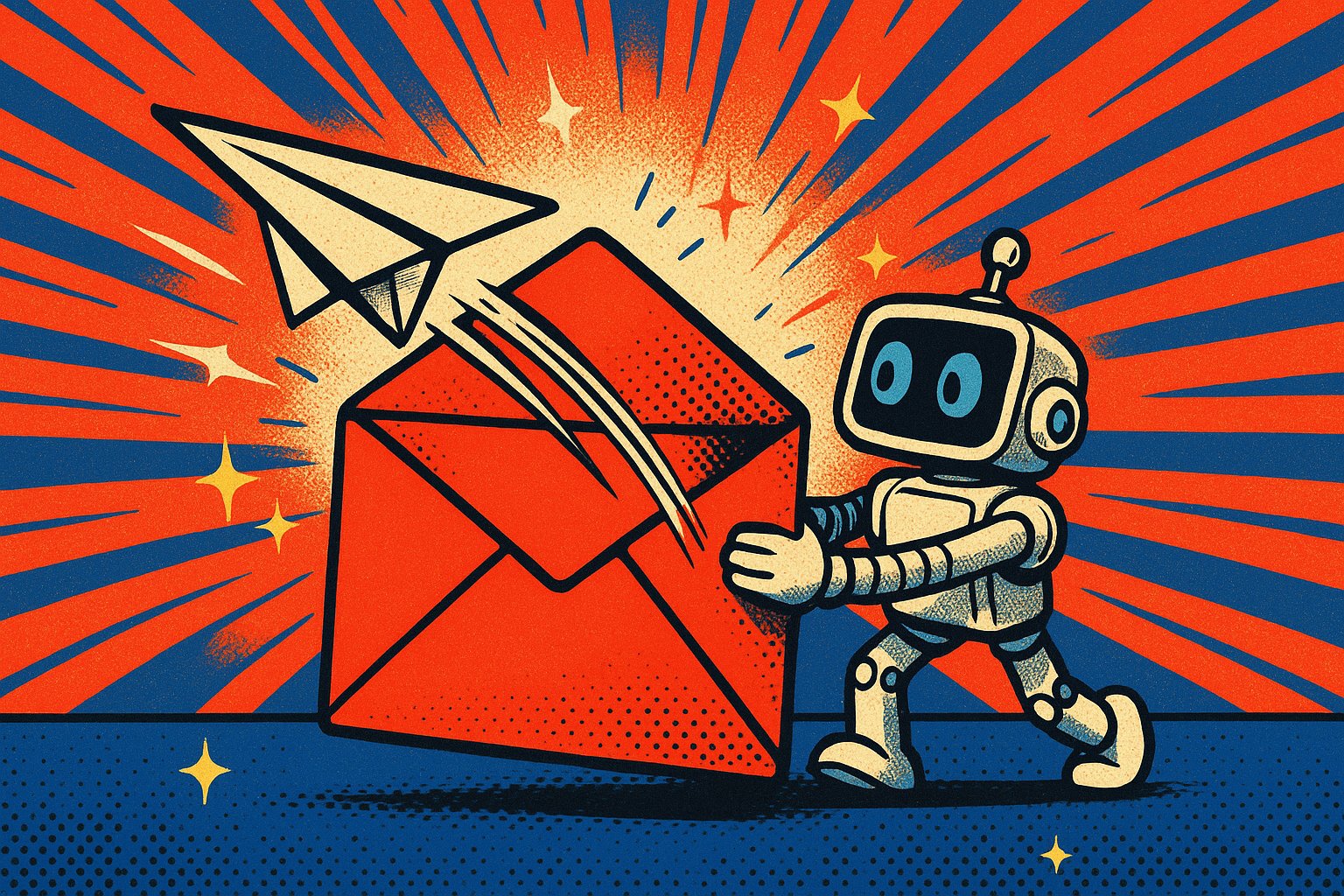 Illustration pop-art : un robot rétro pousse une grande enveloppe rouge d'où s'envole un avion en papier, rayons rouge et bleu, style BD