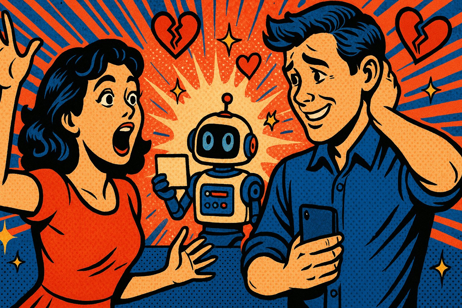 Illustration pop-art : une femme stupéfaite face à un homme gêné qui cache son téléphone, un petit robot entre eux